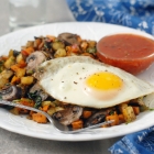 Two Potato Hash with Mushrooms and Fried Eggs